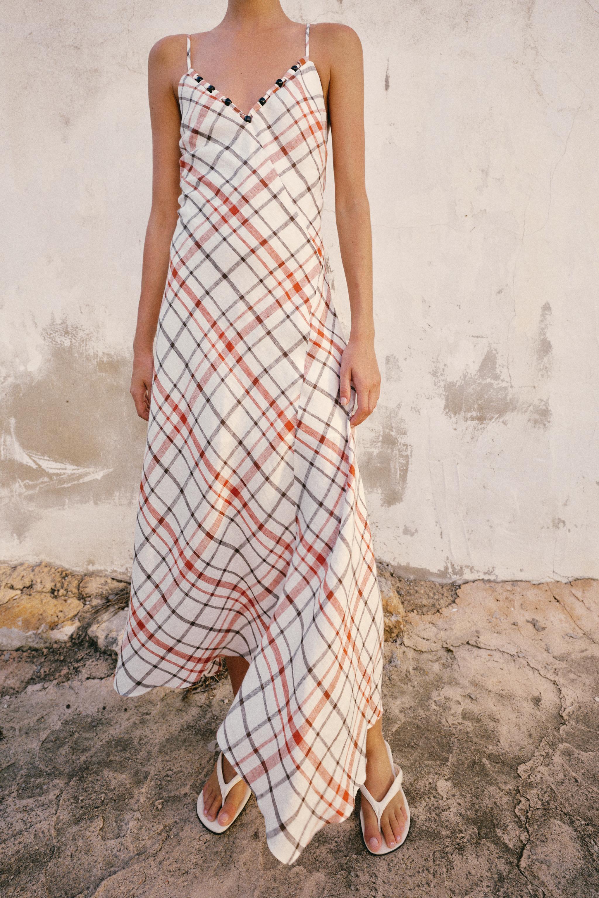 PLAID LINEN BLEND MIDI DRESS